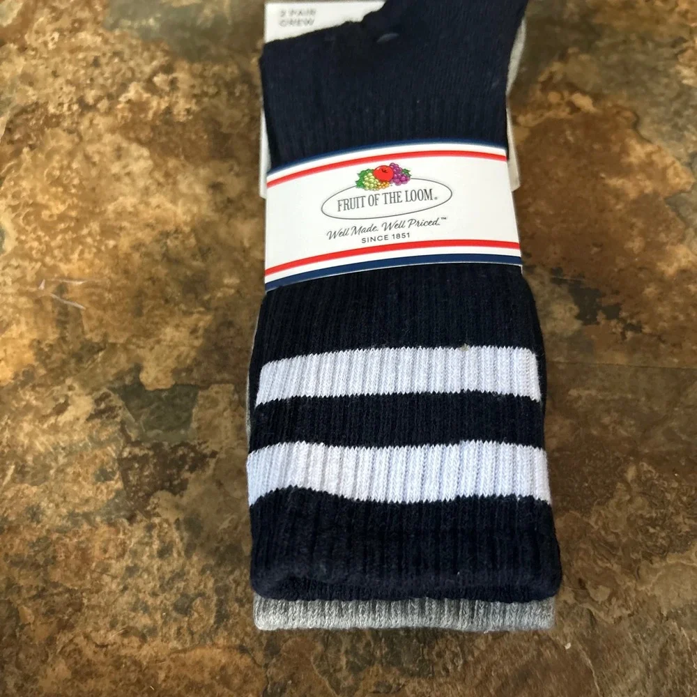 Fruit Of The Loom 2 Pair Crew Mens Shoe Size 6-12 Navy Blue Gray Sock